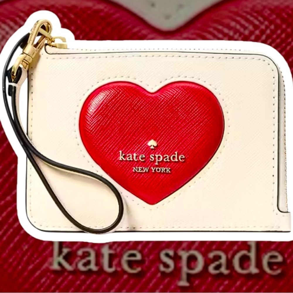 Kate Spade NWT Wristlet/Card Holder w/KeyChain Madison Puffy Heart Saff.Leather